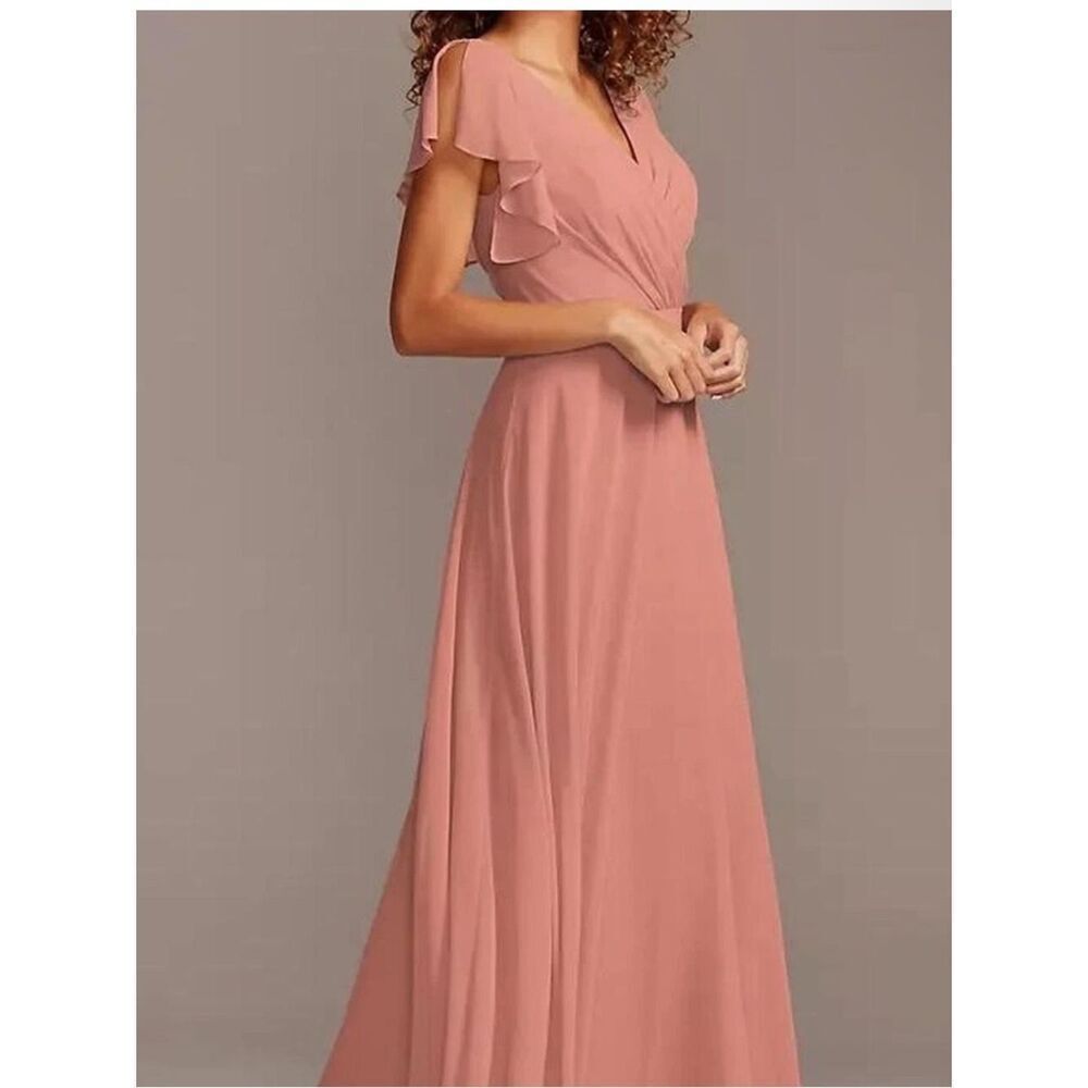 David’s Bridal Blush Pink Wrap Maxi Dress w/Sheer Flutter Sleeves (Size: 6)